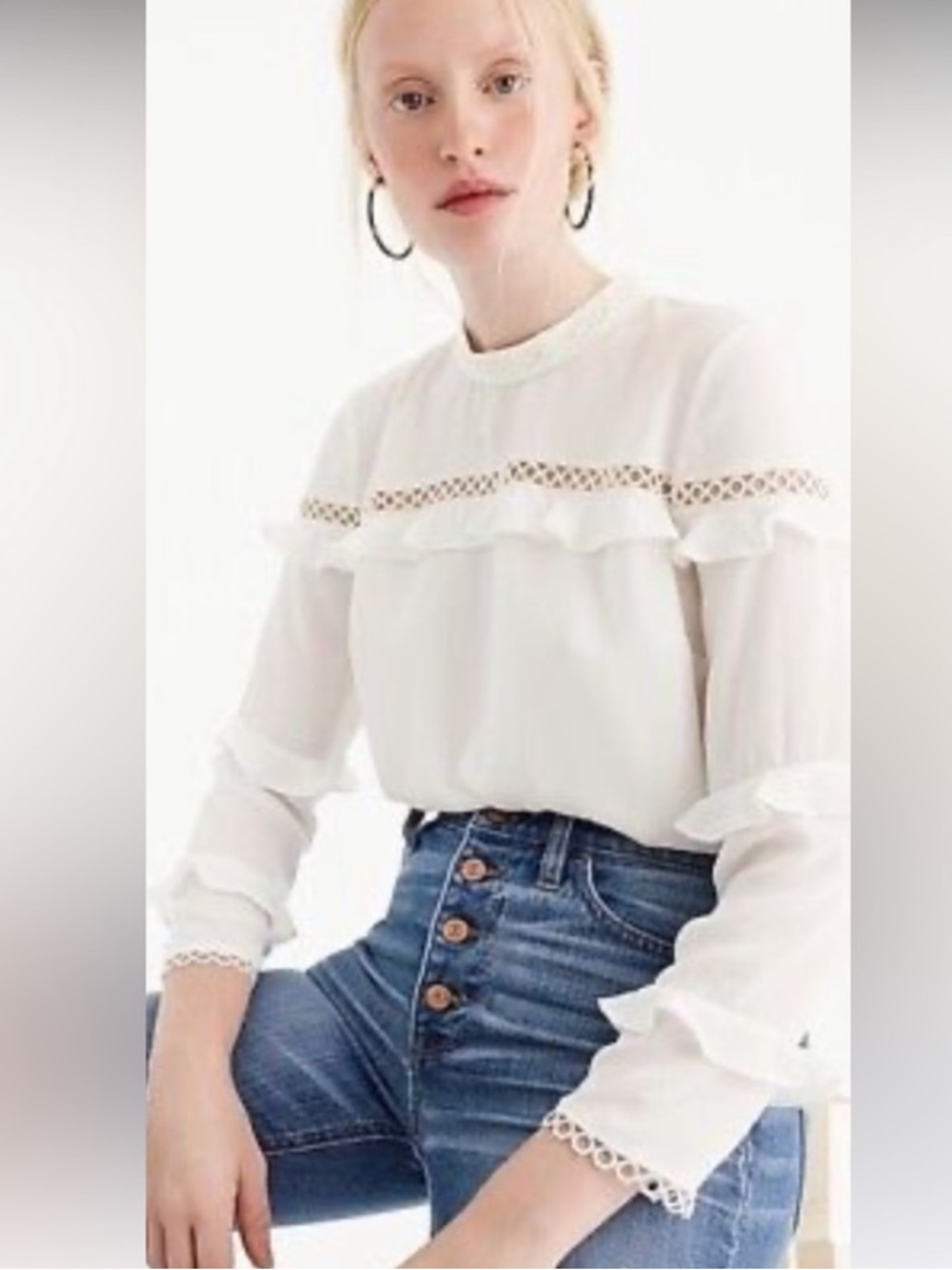 J. Crew White Lace-Trim Ruffle Blouse